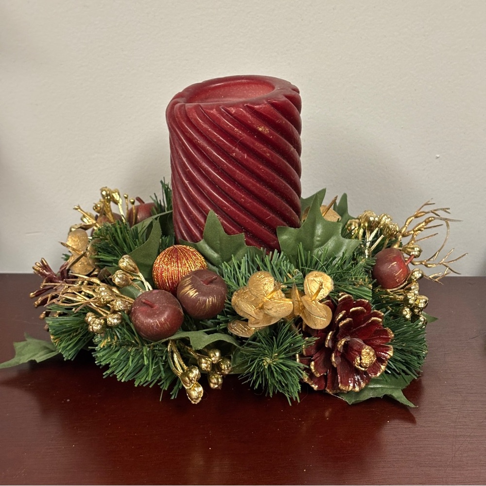 Vintage Candle Ring Christmas Centrepiece Gold & Burgundy Faux Apples Pine Cones